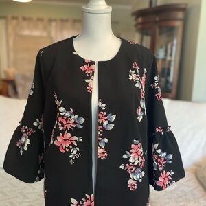 Lane Bryant Black Jacket with Pink, Cream, and Blue Gradient Floral Design